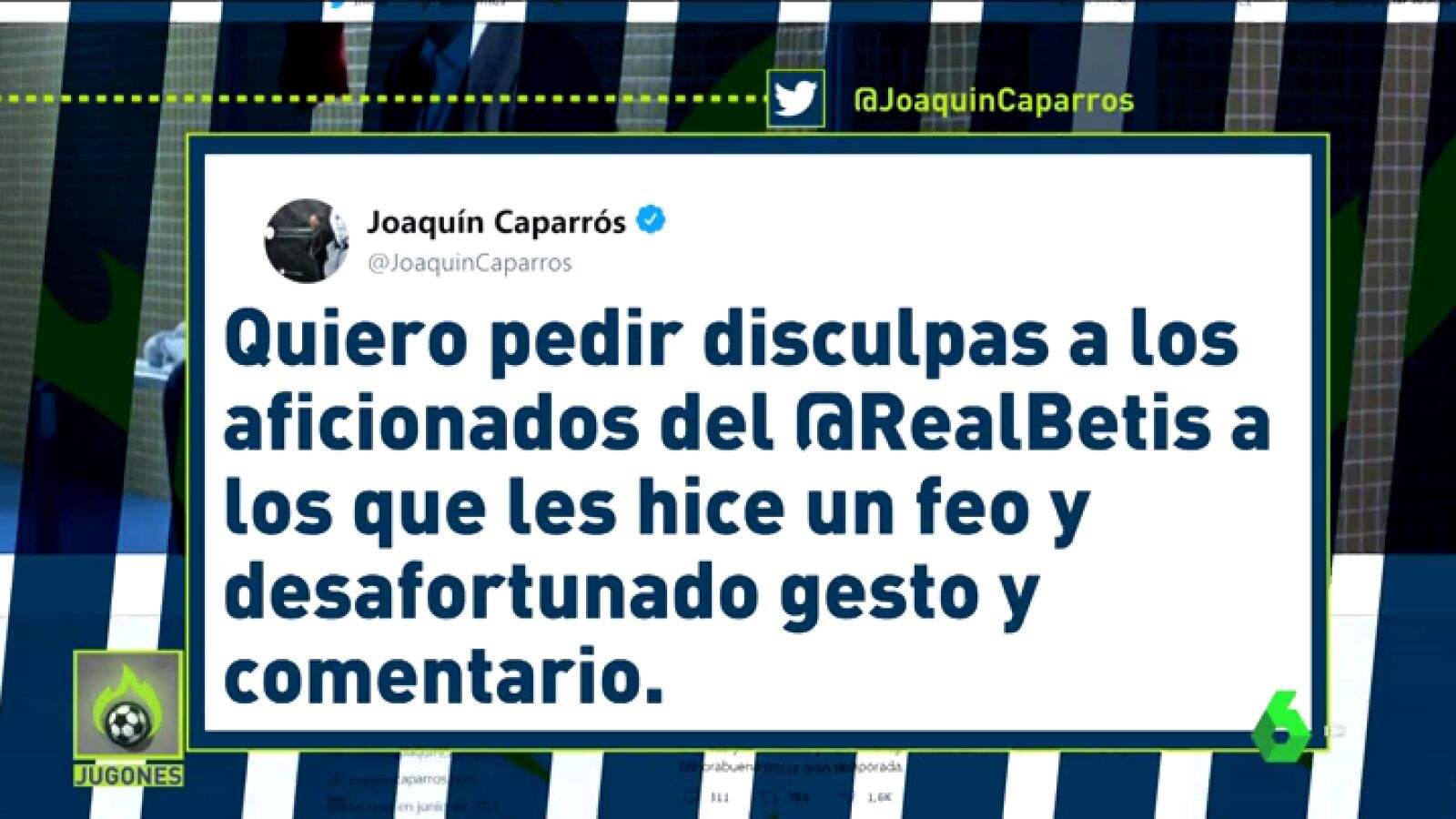 Caparr&oacute;s pide disculpas por su gesto a la afici&oacute;n del Betis: "La rivalidad no debe llegar nunca a esos extremos"