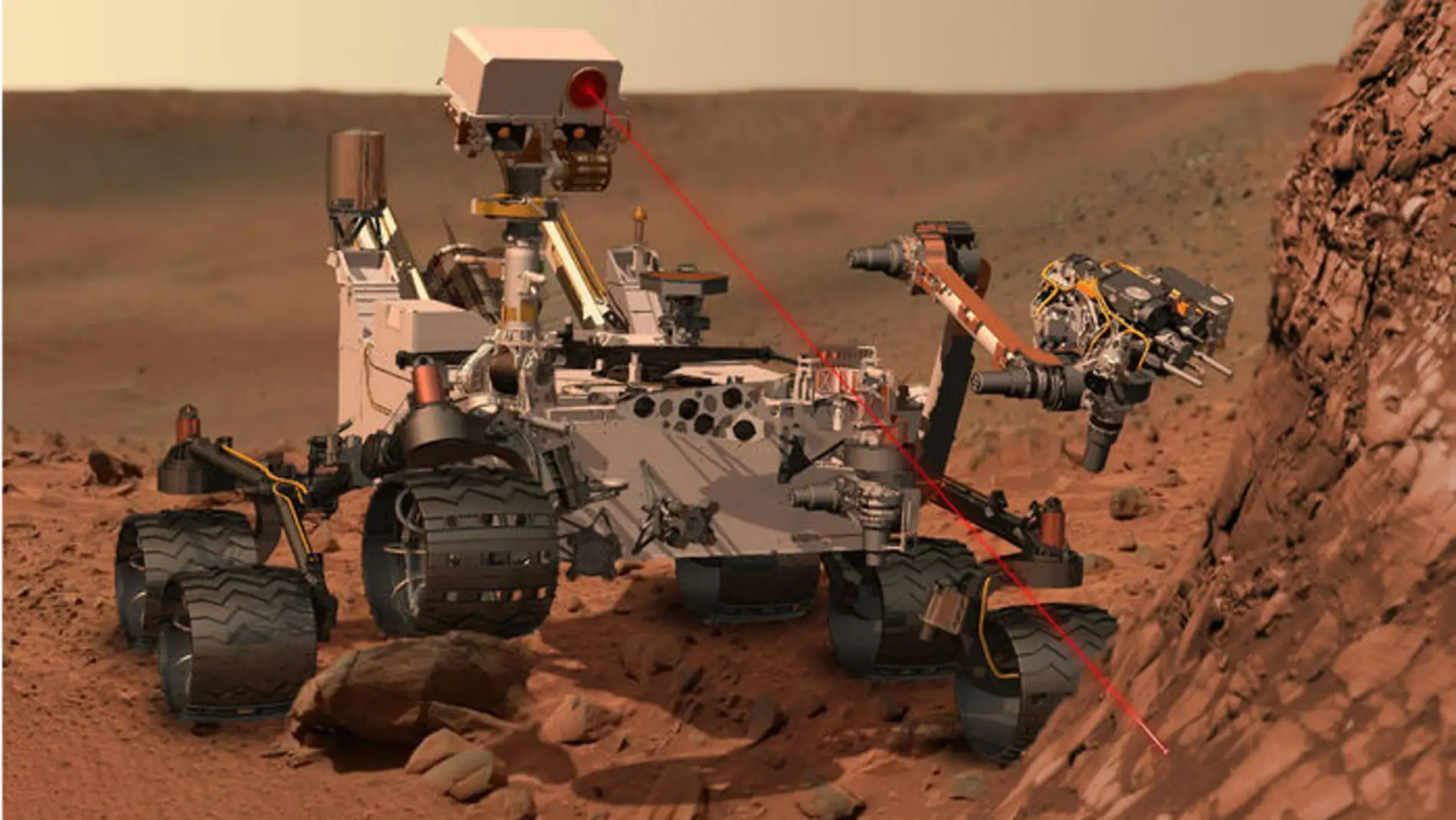 Representación artística del rover Curiosity disparando su rayo láser contra uno de los objetivos