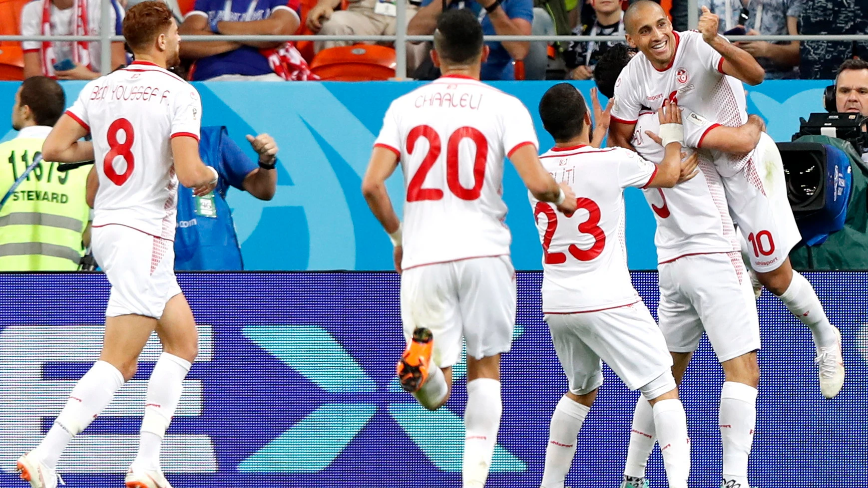 Los jugadores de Túnez celebran un gol ante Panamá