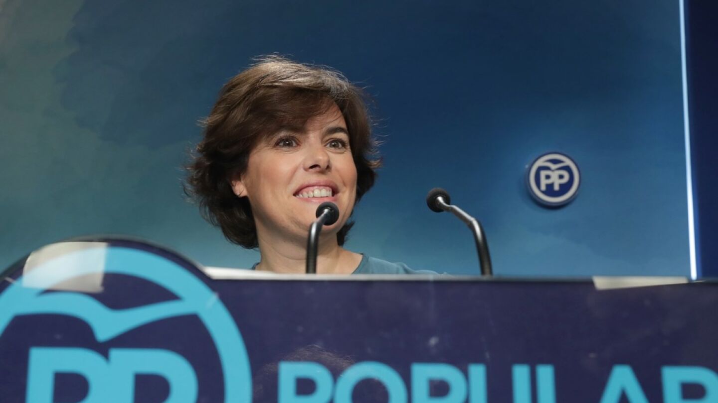 Soraya S&aacute;enz de Santamar&iacute;a en la sede del Partido Popular