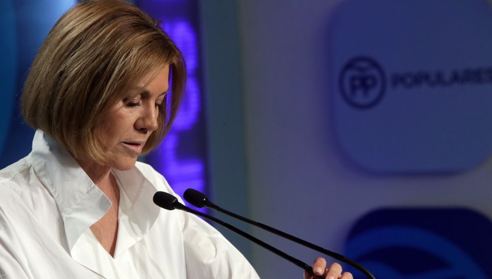 María Dolores de Cospedal en la sala de prensa del PP