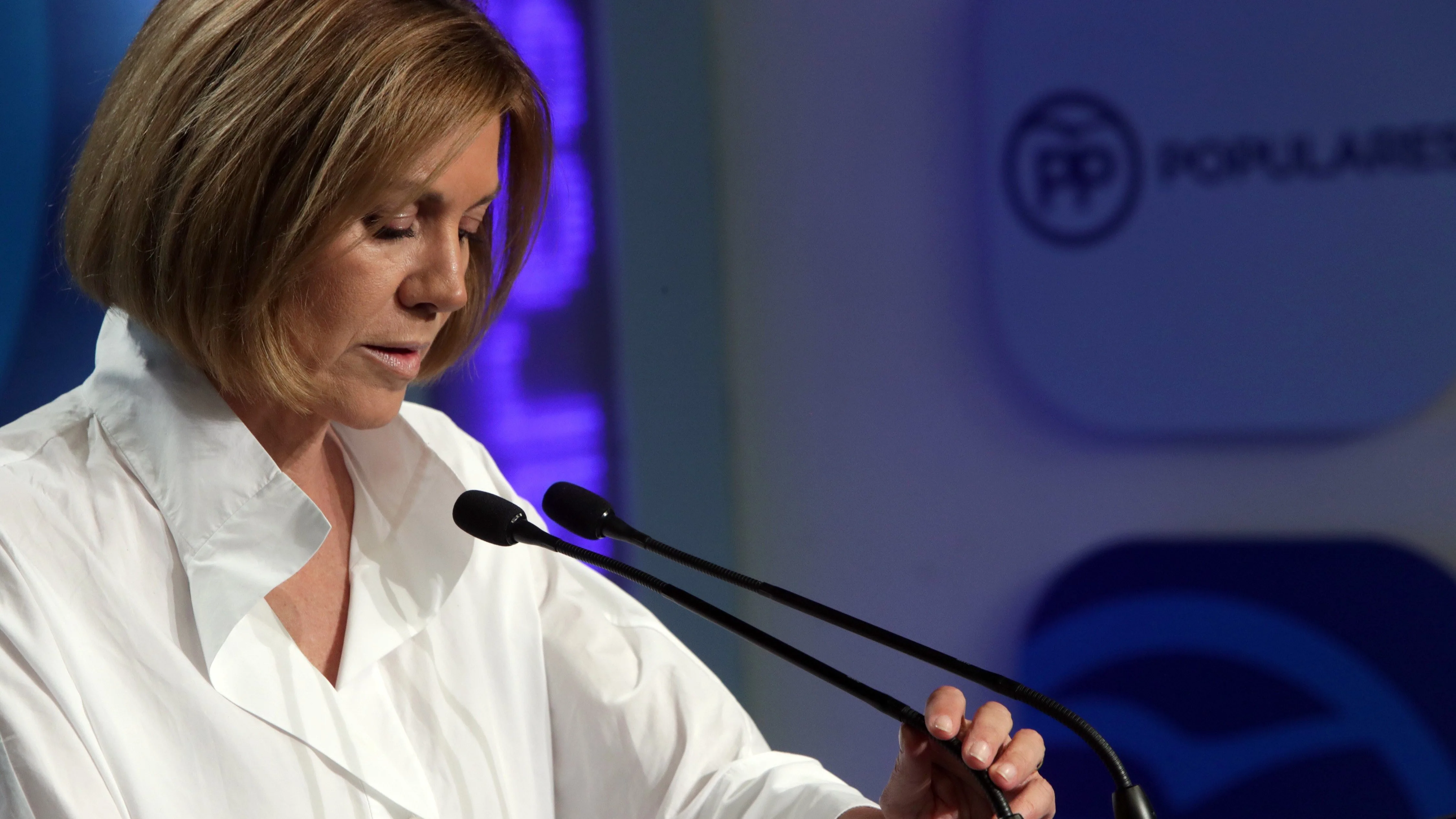 María Dolores de Cospedal en la sala de prensa del PP