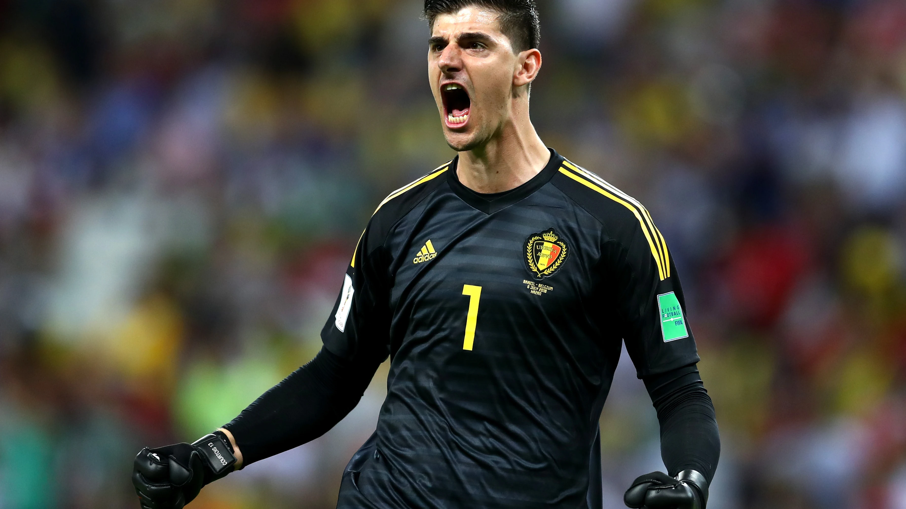 Courtois celebra un gol de Bélgica en el Mundial de Rusia