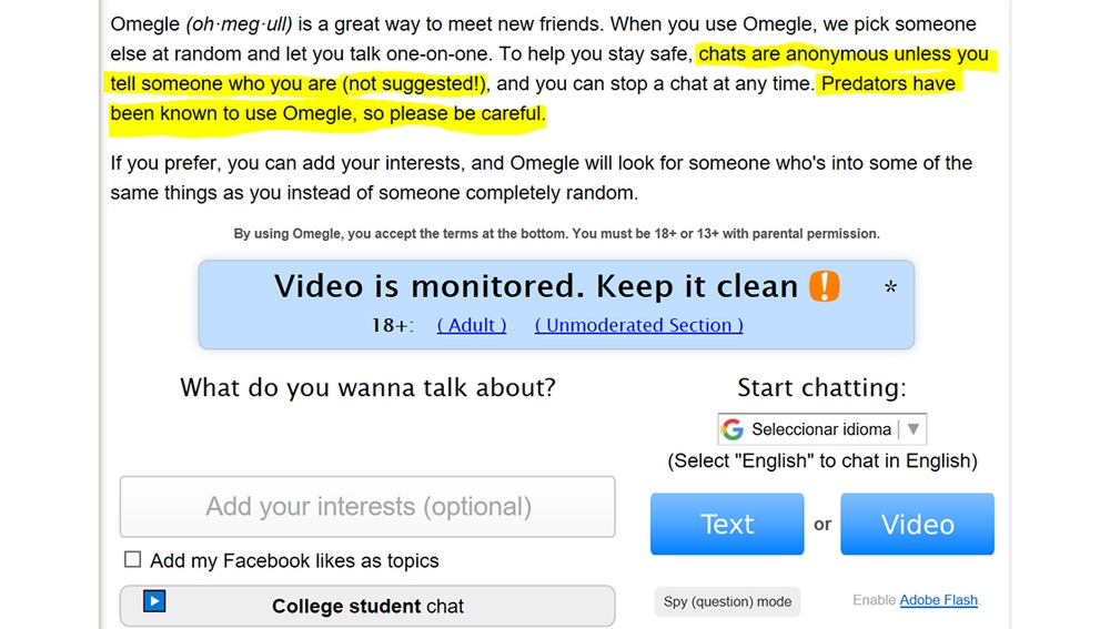 Página de inicio de Omegle, uno de los servicios de Chatroulette