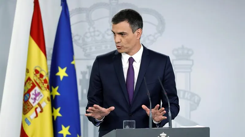 El presidente del Ejecutivo, Pedro Sánchez, durante su comparecencia en el Palacio de La Moncloa