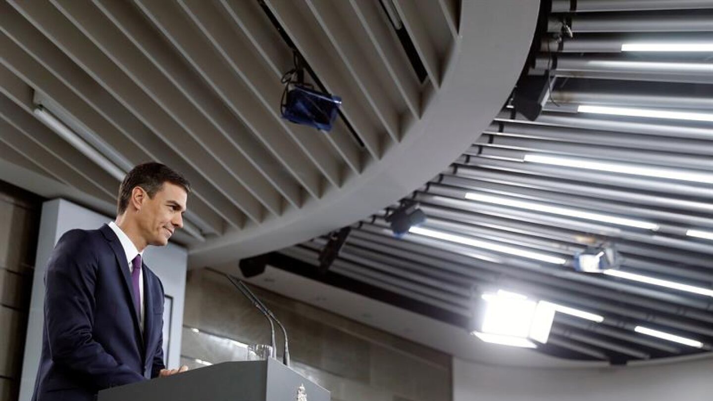 El presidente del Ejecutivo, Pedro S&aacute;nchez, durante su comparecencia en el Palacio de La Moncloa
