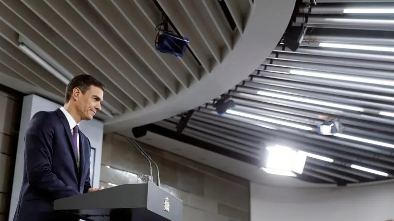 El presidente del Ejecutivo, Pedro Sánchez, durante su comparecencia en el Palacio de La Moncloa