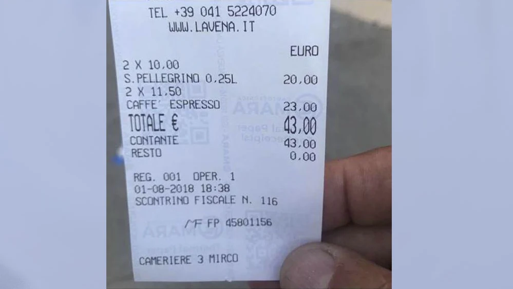 Cuenta de un restaurante de Venecia