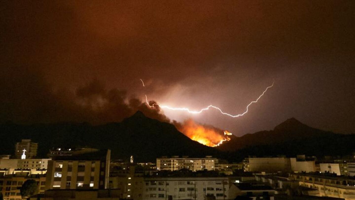 Vista del incendio forestal que afecta a los t&eacute;rminos de Llutxent, Pinet y Barx