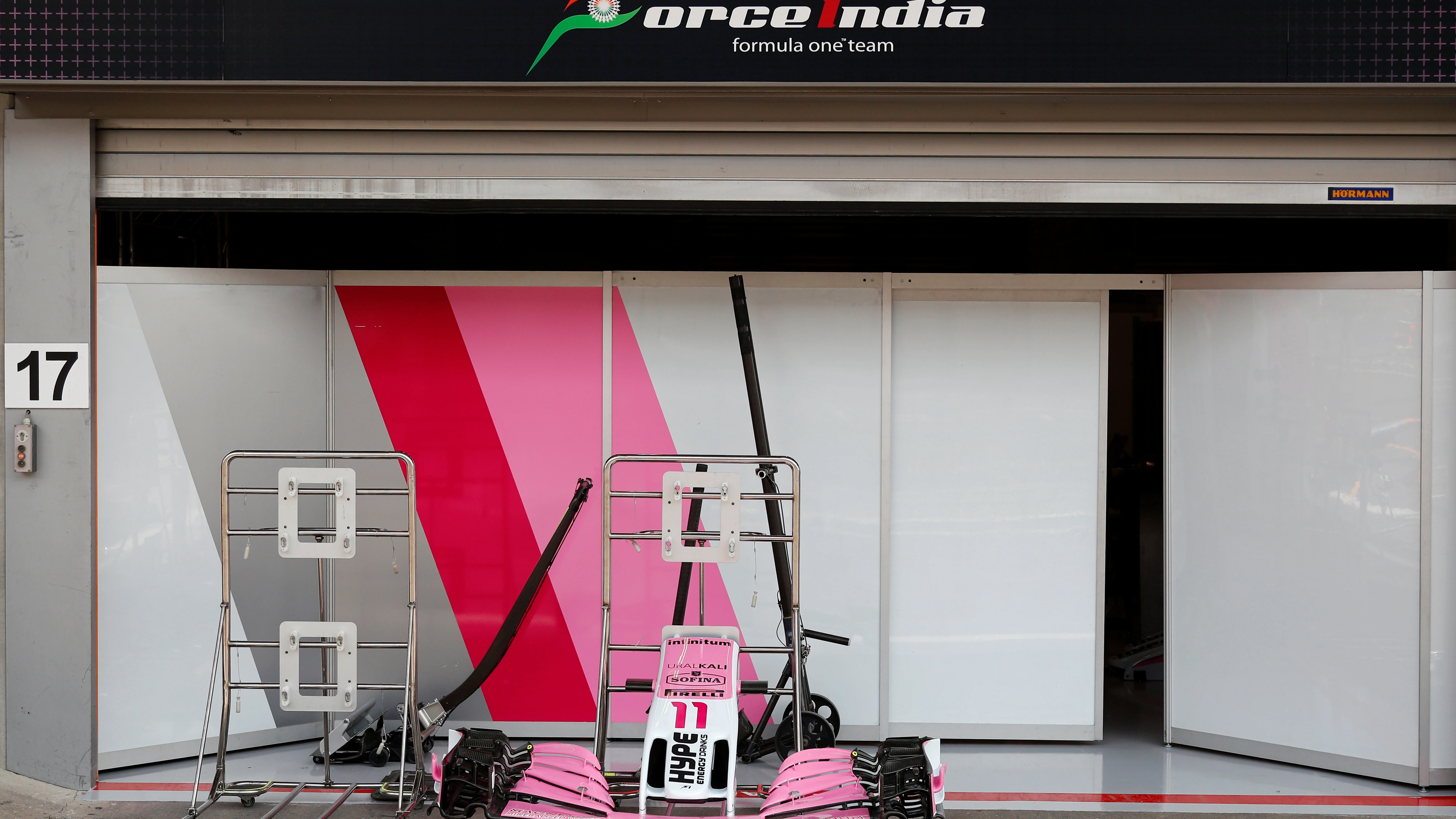 El garaje del equipo Force India, durante el GP de Bélgica