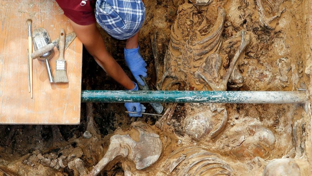 Una arqueóloga durante los trabajos de excavación en la fosa común 112 del cementerio de Paterna
