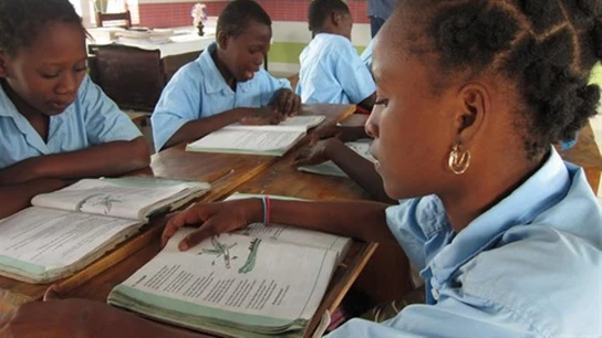 Niños leyendo un libro de texto en una escuela Niños leyendo un libro de texto en una escuela