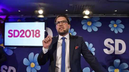 El líder del partido Sverigedemokraterna, Jimmie Akesson, habla en la fiesta electoral El líder del partido Sverigedemokraterna, Jimmie Akesson, habla en la fiesta electoral