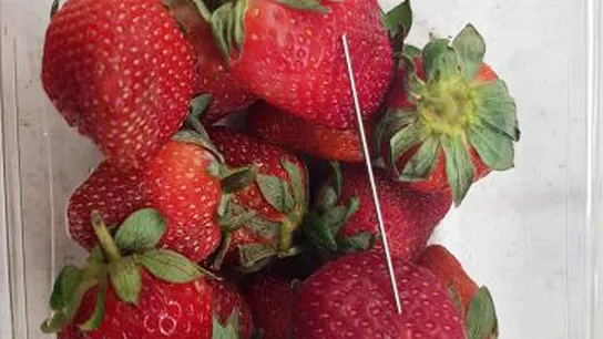 Fotografía que facilita la policía de Queensland en la que se puede apreciar una aguja en un paquete de fresas Fotografía que facilita la policía de Queensland en la que se puede apreciar una aguja en un paquete de fresas