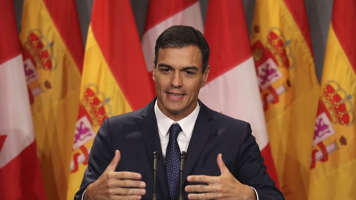 El presidente del Gobierno, Pedro S&aacute;nchez, durante su comparecencia en Montreal