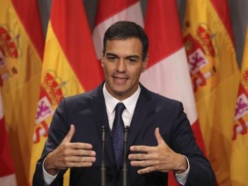 El presidente del Gobierno, Pedro Sánchez, durante su comparecencia en Montreal El presidente del Gobierno, Pedro Sánchez, durante su comparecencia en Montreal