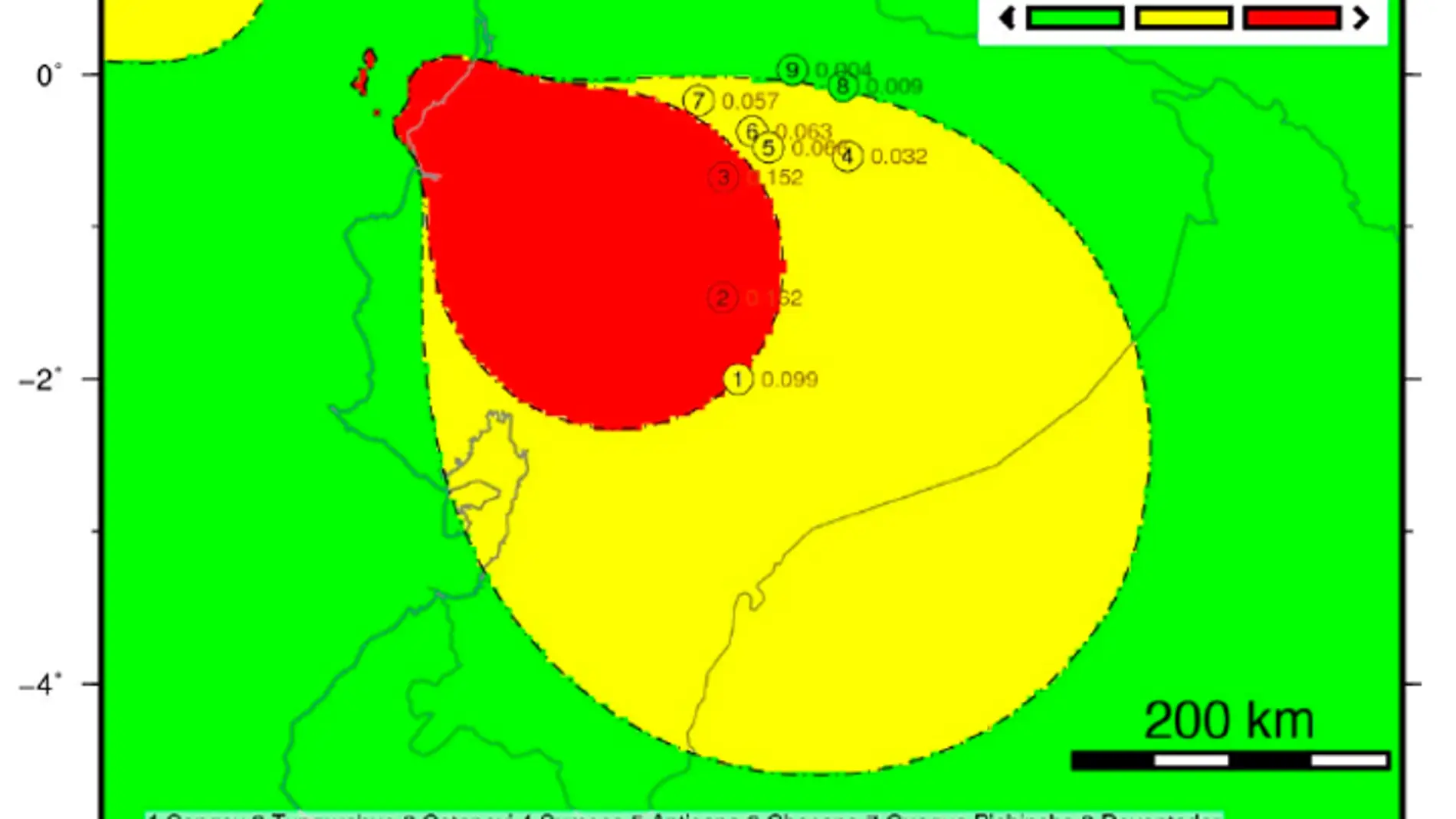 Mapa de volcanes del Holoceno ecuatorianos potencialmente activados por el terremoto de Pedernales (Ecuador) de Mw 7.8 del 16 de abril de 2016.
