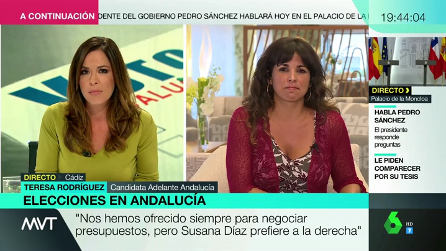 Teresa Rodríguez, tras el adelanto de las elecciones: "Nos hemos ofrecido siempre para negociar presupuestos, pero Susana Díaz prefiere a la derecha" Teresa Rodríguez, tras el adelanto de las elecciones: "Nos hemos ofrecido siempre para negociar presupuestos, pero Susana Díaz prefiere a la derecha"