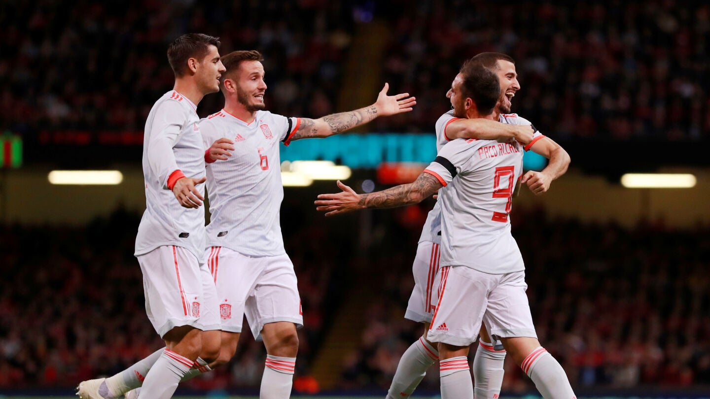 Los jugadores de la Selecci&oacute;n celebran con Alc&aacute;cer uno de sus goles contra Gales