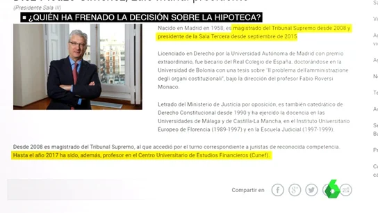 El juez que frenó la sentencia sobre los impuestos hipotecarios fue profesor en una escuela de la banca española El juez que frenó la sentencia sobre los impuestos hipotecarios fue profesor en una escuela de la banca española