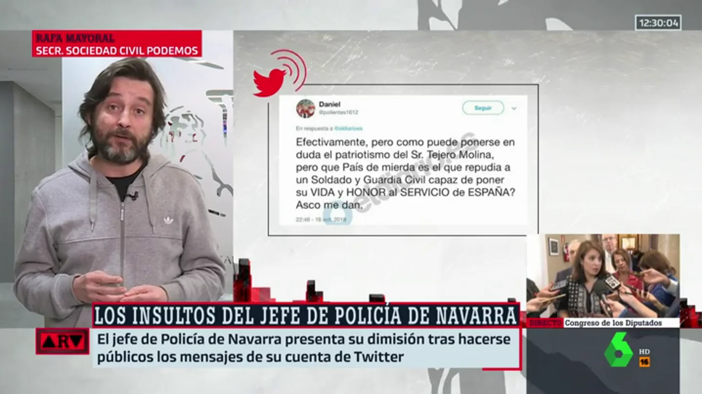Rafael Mayoral, de los insultos del exjefe de policía en Navarra: "Es importante la democracia en las fuerzas y cuerpos de Seguridad del Estado" Rafael Mayoral, de los insultos del exjefe de policía en Navarra: "Es importante la democracia en las fuerzas y cuerpos de Seguridad del Estado"
