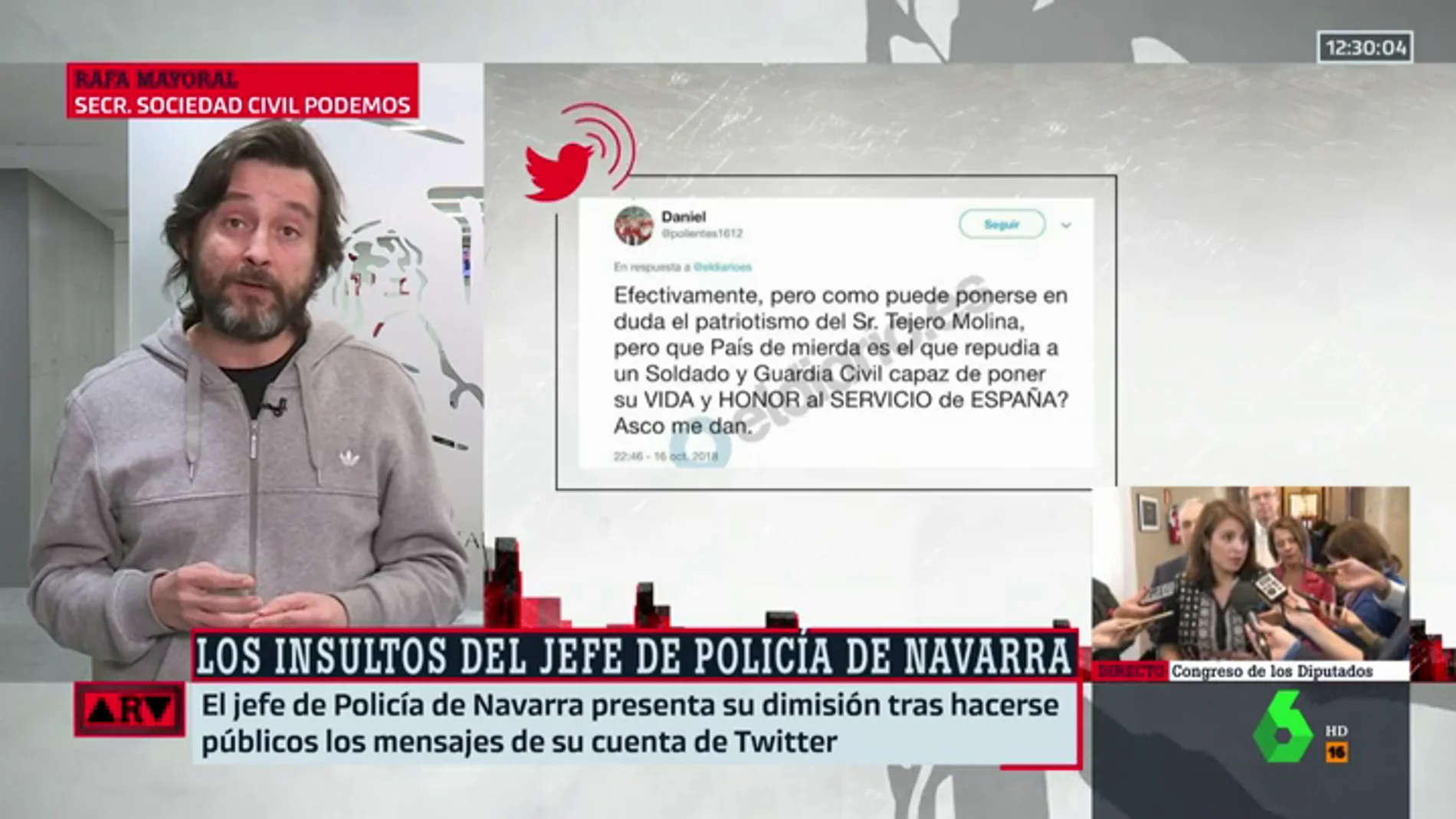 Rafael Mayoral, de los insultos del exjefe de policía en Navarra: "Es importante la democracia en las fuerzas y cuerpos de Seguridad del Estado"