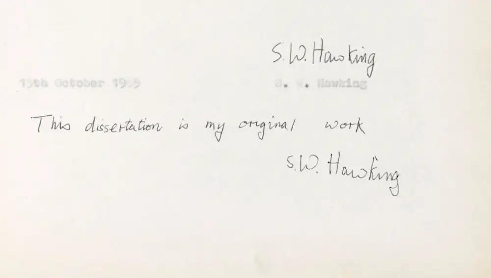 Escritura de Stephen Hawking al pie de una de las páginas de su tesis