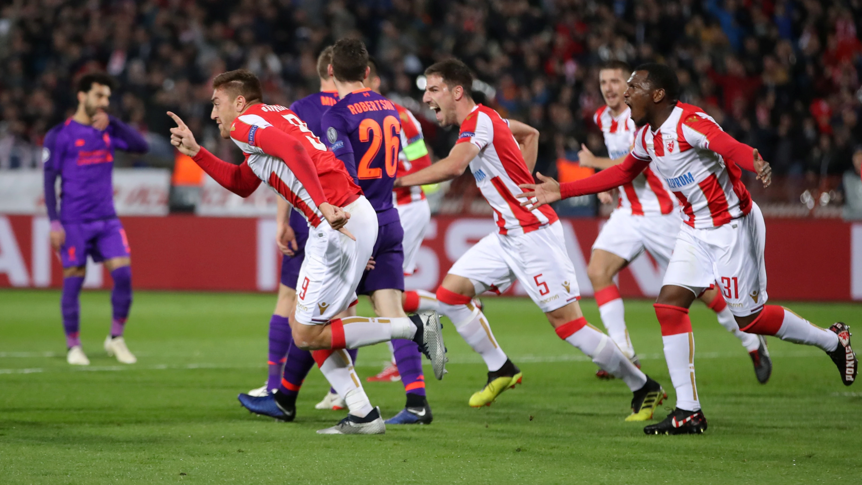 Los jugadores del Estrella Roja celebran uno de los goles contra el Liverpool