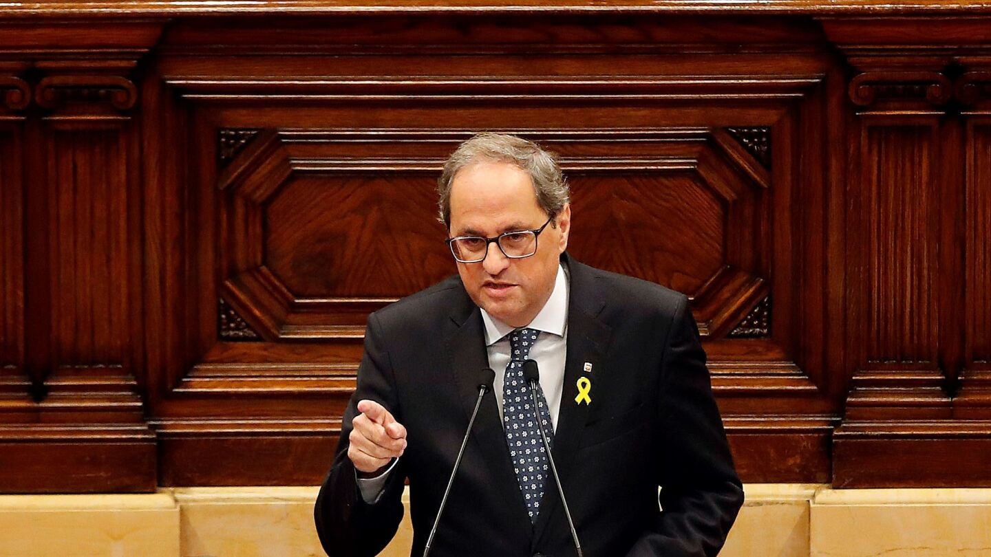 El presidente de la Generalitat, Quim Torra, durante su comparecencia a petici&oacute;n propia ante el pleno del Parlament
