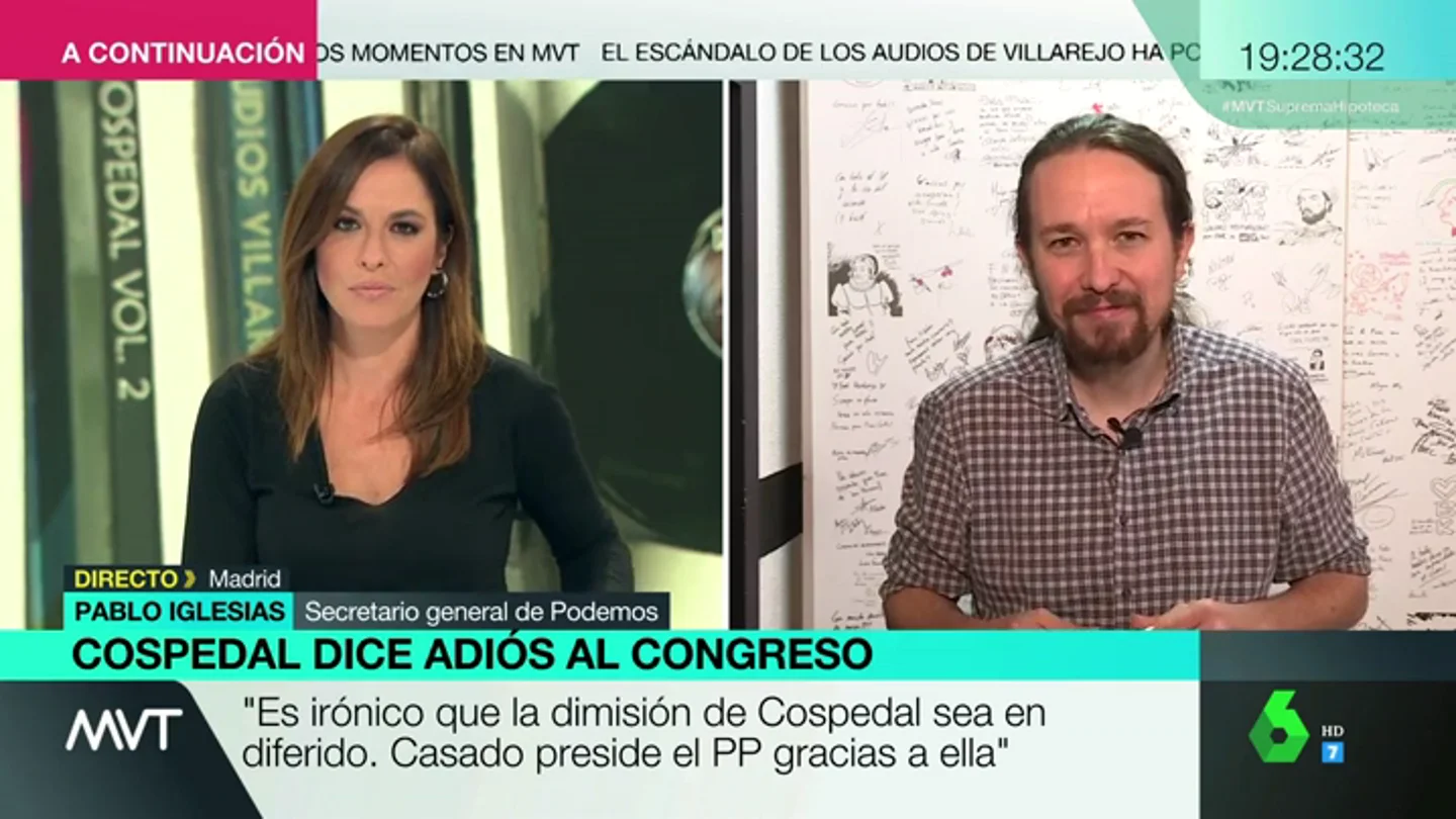 Pablo Iglesias, tras la dimisión de Cospedal: "Si Casado es presidente gracias a ella, está manchado hasta las trancas" Pablo Iglesias, tras la dimisión de Cospedal: "Si Casado es presidente gracias a ella, está manchado hasta las trancas"