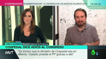 Pablo Iglesias, tras la dimisión de Cospedal: "Si Casado es presidente gracias a ella, está manchado hasta las trancas"