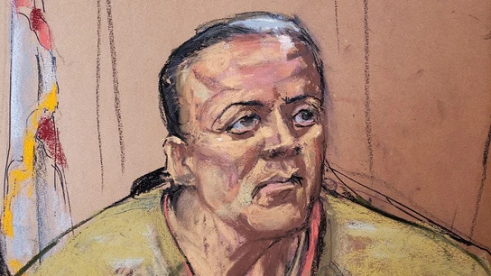 Reproducción fotográfica de archivo de un dibujo realizado por la artista Jane Rosenberg donde aparece Cesar Sayoc Reproducción fotográfica de archivo de un dibujo realizado por la artista Jane Rosenberg donde aparece Cesar Sayoc