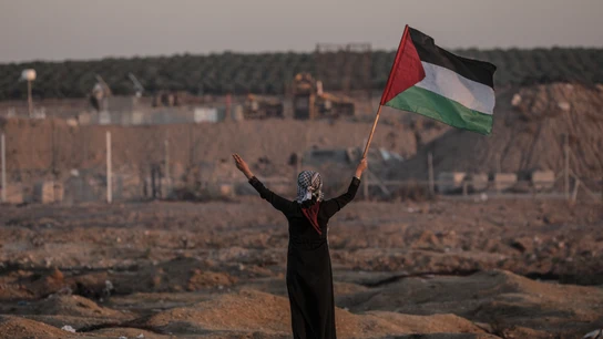 Una mujer ondea una bandera de Palestina Una mujer ondea una bandera de Palestina