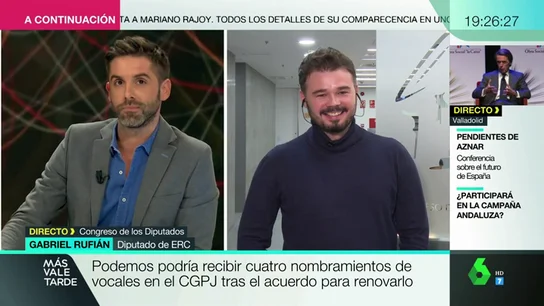 El dardo de Rufián a Podemos: "Ya no es la formación que iba a asaltar los cielos, ahora es un partido institucionalista" El dardo de Rufián a Podemos: "Ya no es la formación que iba a asaltar los cielos, ahora es un partido institucionalista"