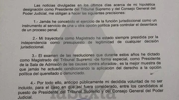 El documento con el que Manuel Marchena ha presentado su renuncia
