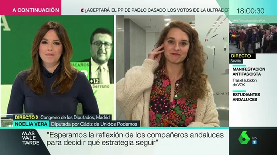 Noelia Vera (Podemos), sobre el auge de Vox: "La extrema derecha ya estaba aquí, pero camuflada en otros partidos que se dicen de centro" Noelia Vera (Podemos), sobre el auge de Vox: "La extrema derecha ya estaba aquí, pero camuflada en otros partidos que se dicen de centro"