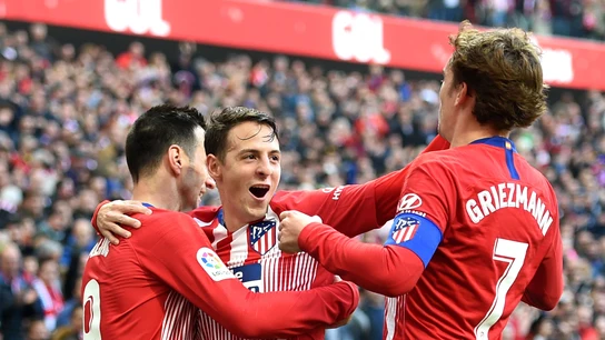Kalinic, Arias y Griezmann celebran el gol del Atlético Kalinic, Arias y Griezmann celebran el gol del Atlético