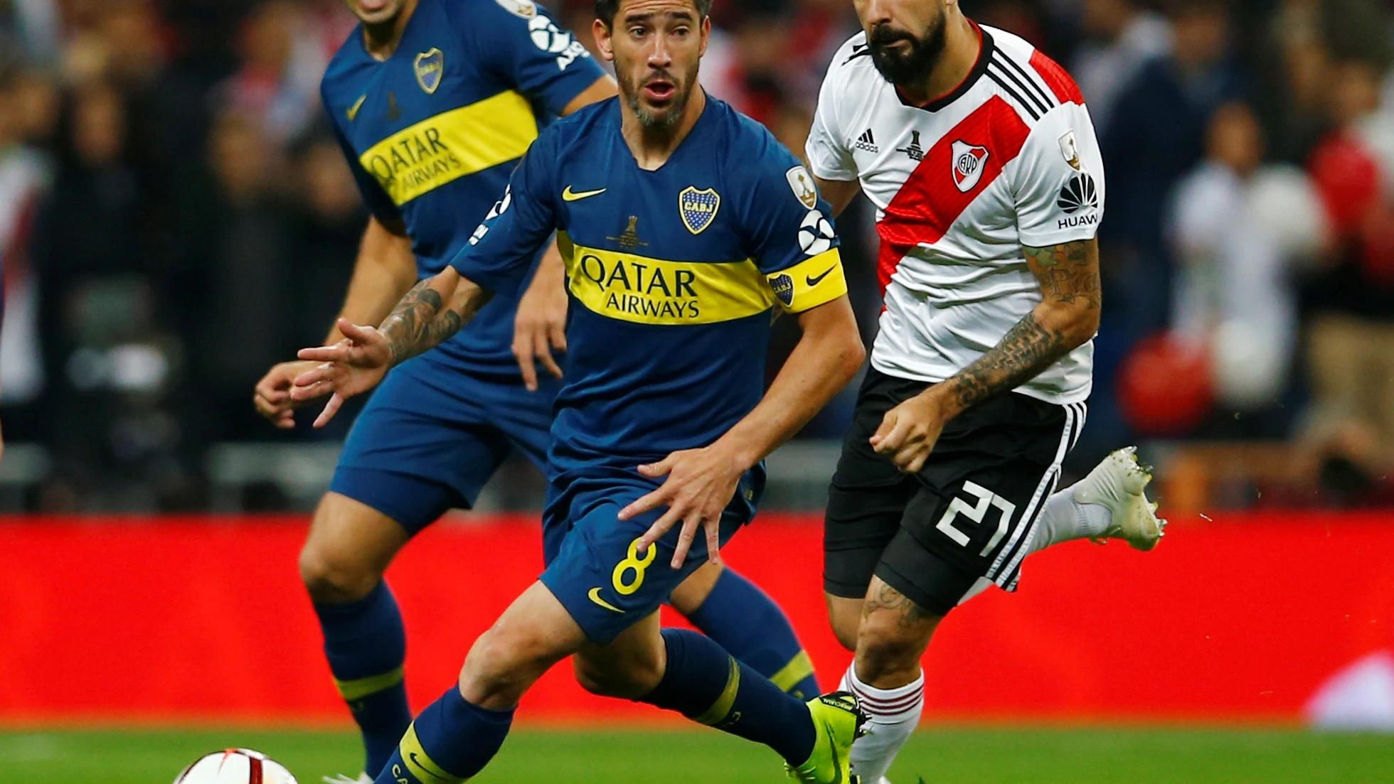 Momento del partido entre River Plate y Boca Juniors en el Santiago Bernabéu