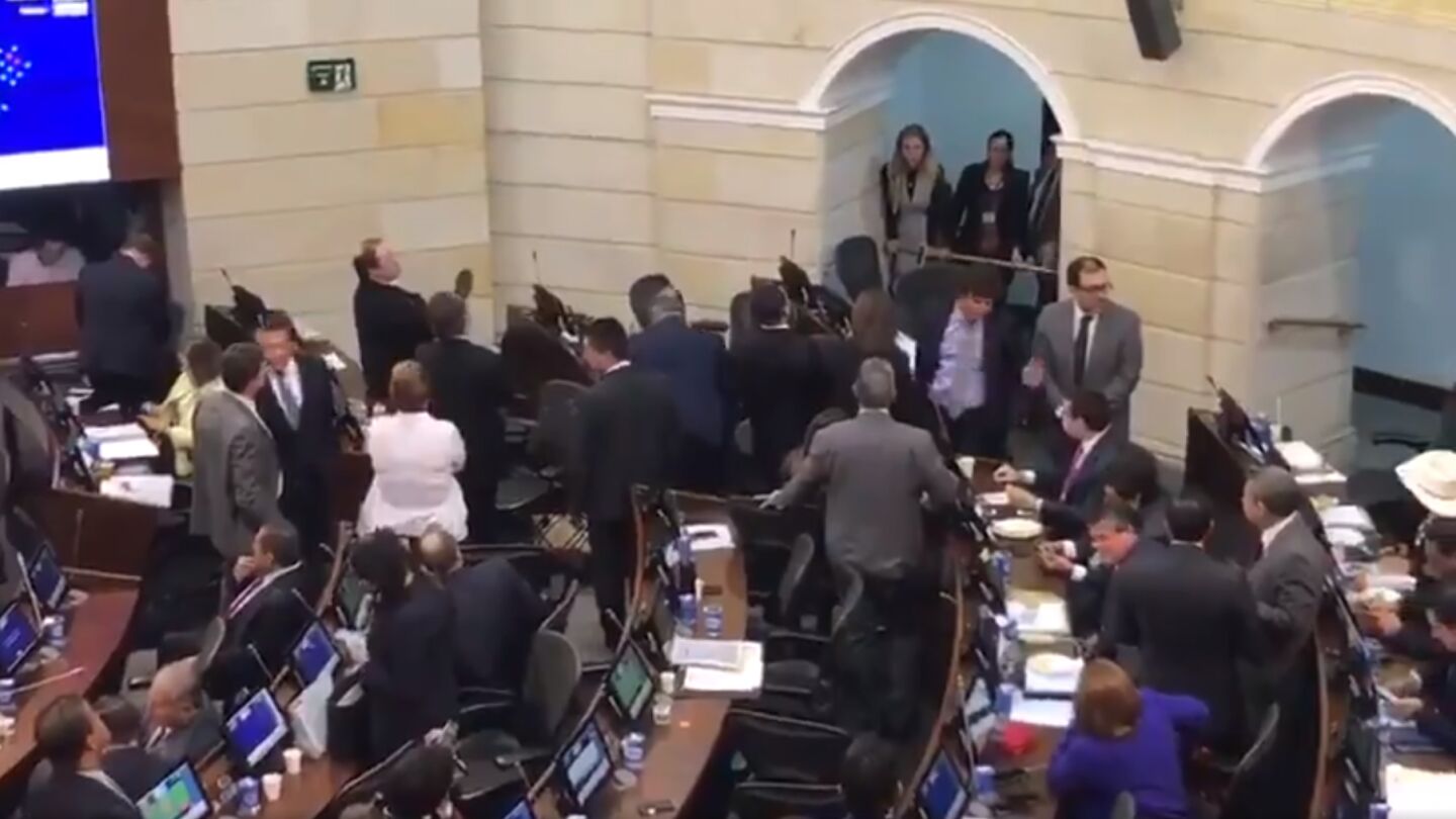 Diputados de Centro Democr&aacute;tico se levantan de sus asientos en el pleno del Congreso colombiano.