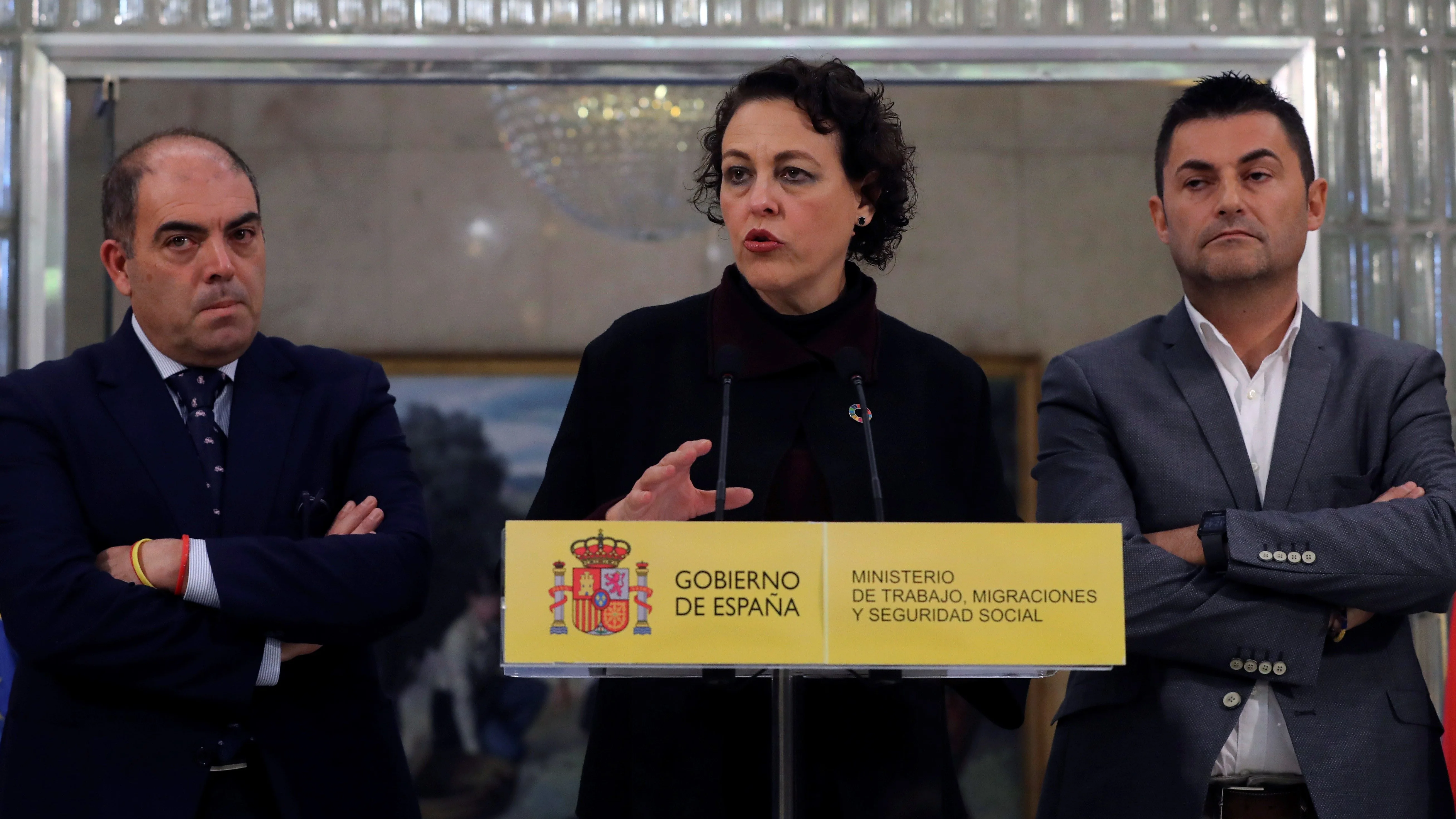 Magdalena Valerio durante la rueda de prensa con los responsables de las organizaciones de autónomos para presentar el acuerdo alcanzado