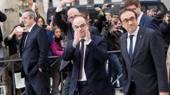 Los exmiembros del Govern Joaqu&iacute;n Forn, Ra&uuml;l Romeva, Jordi Turull y Josep Rull a su llegada a la Audiencia Nacional antes de una comparecencia ante el juez.