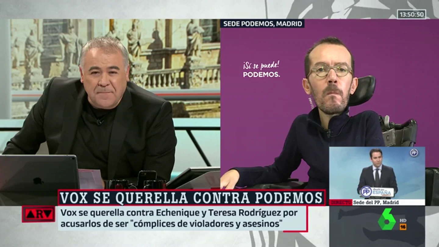 La reacción de Echenique a la querella de Vox: "Es normal que un partido neofranquista vaya contra Podemos y los periodistas" La reacción de Echenique a la querella de Vox: "Es normal que un partido neofranquista vaya contra Podemos y los periodistas"