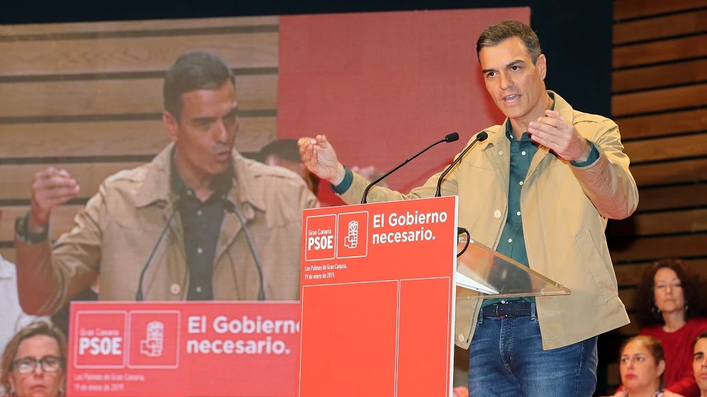 Sánchez durante su intervención en la clausura de la conferencia municipal organizada por el PSOE de Gran Canaria