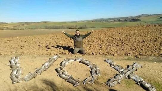 Cazador formando la palabra Vox con conejos muertos
