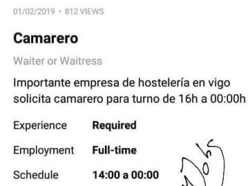 Polémica oferta de trabajo: una pizzería de Vigo ofrece dos puestos de cocinero y camarero a cambio de propinas Polémica oferta de trabajo: una pizzería de Vigo ofrece dos puestos de cocinero y camarero a cambio de propinas
