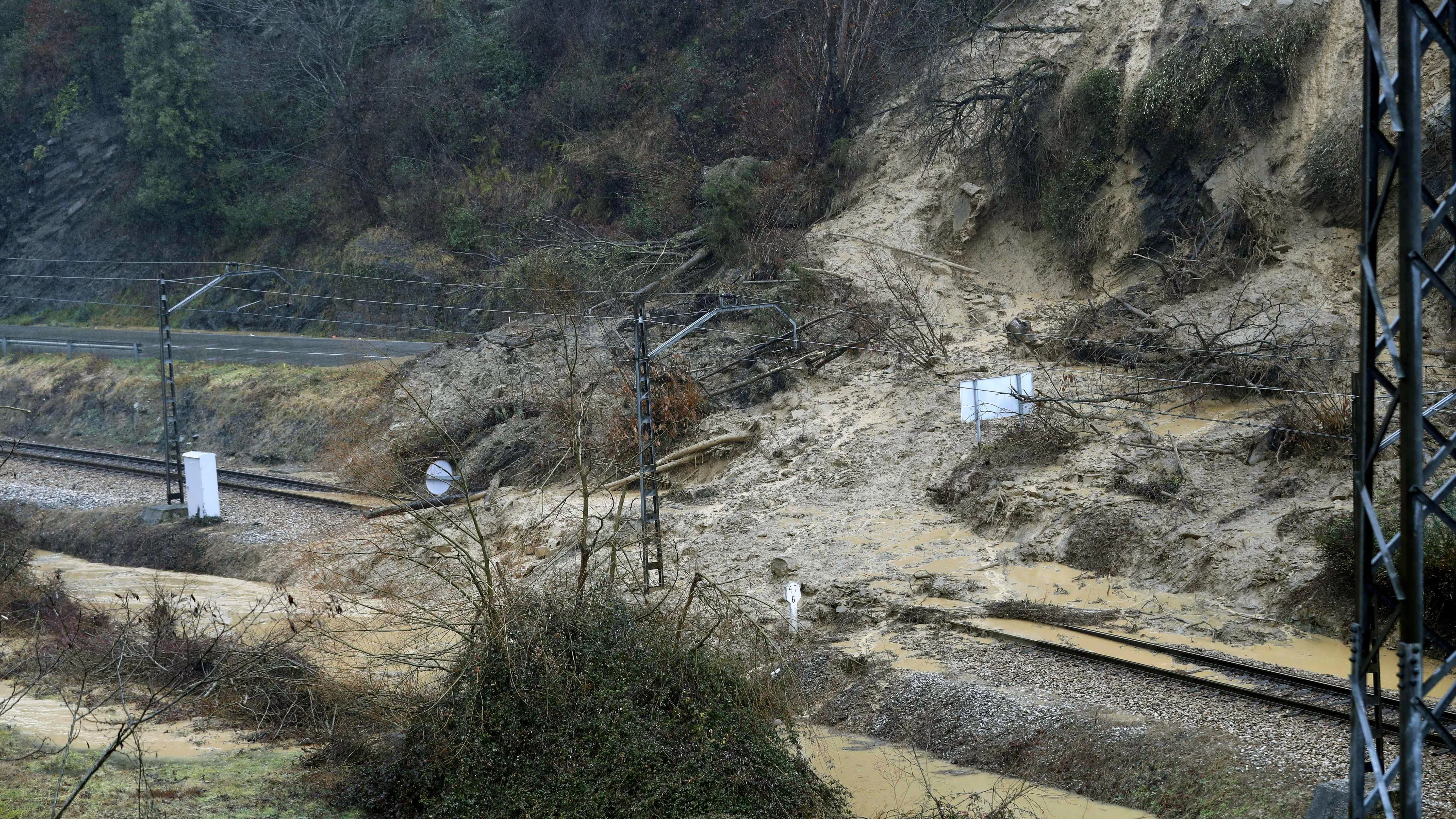 Aspecto que presenta la vía de tren y la carretera comarcal a su paso por Laviana