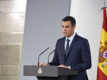 El presidente del Gobierno, Pedro Sánchez, durante la rueda de prensa ofrecida en el Palacio de la Moncloa