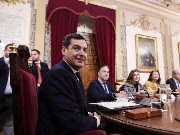 El presidente de la Junta de Andalucía, Juanma Moreno (de espaldas), durante la primera reunión del Consejo de Gobierno. El presidente de la Junta de Andalucía, Juanma Moreno (de espaldas), durante la primera reunión del Consejo de Gobierno.