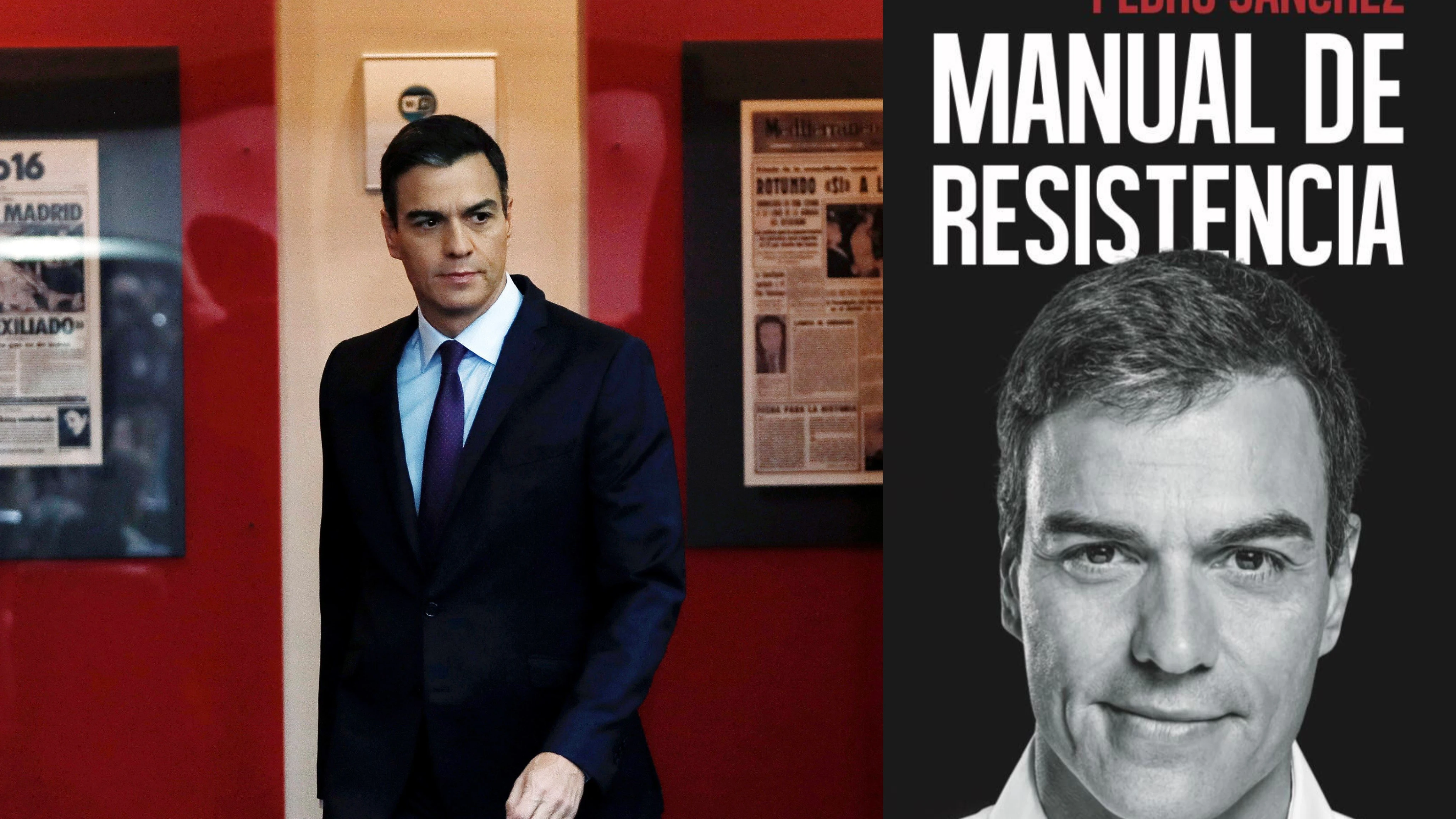 Portada del libro 'Manual de resistencia' junto a una imagen de archivo del presidente del Gobierno, Pedro Sánchez