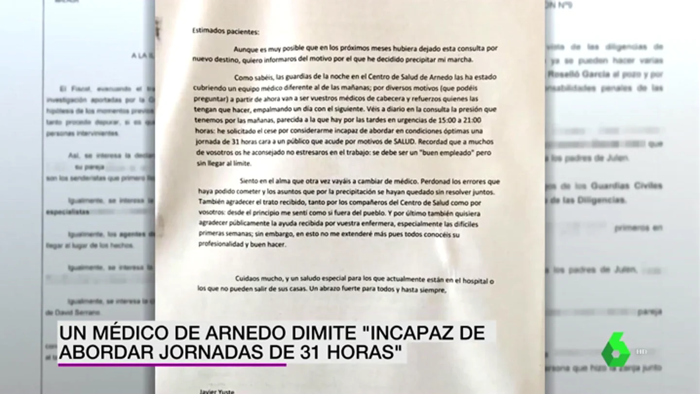 La dura y emotiva carta de un médico de Arnedo que dimite "incapaz de abordar jornadas de 31 horas" de trabajo La dura y emotiva carta de un médico de Arnedo que dimite "incapaz de abordar jornadas de 31 horas" de trabajo
